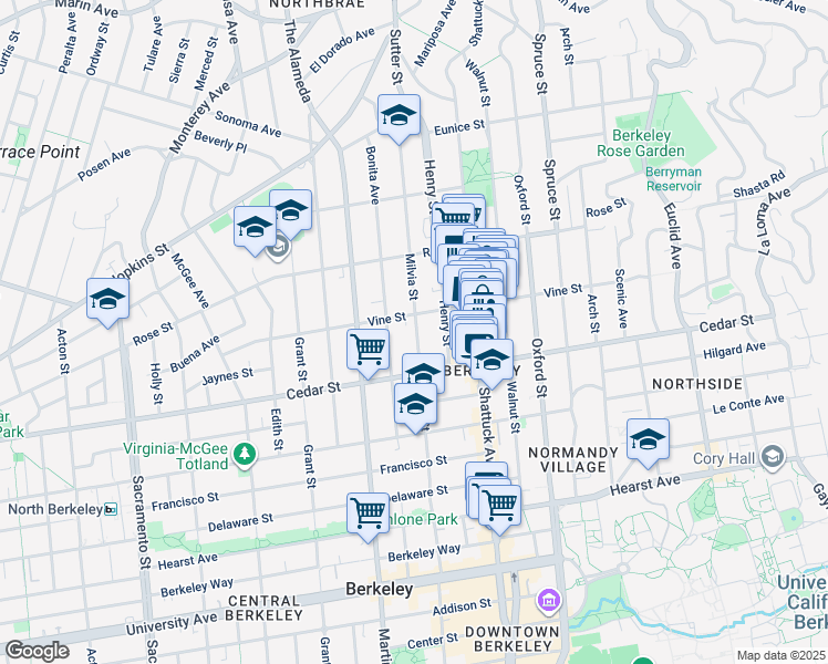 map of restaurants, bars, coffee shops, grocery stores, and more near 1534 Milvia Street in Berkeley