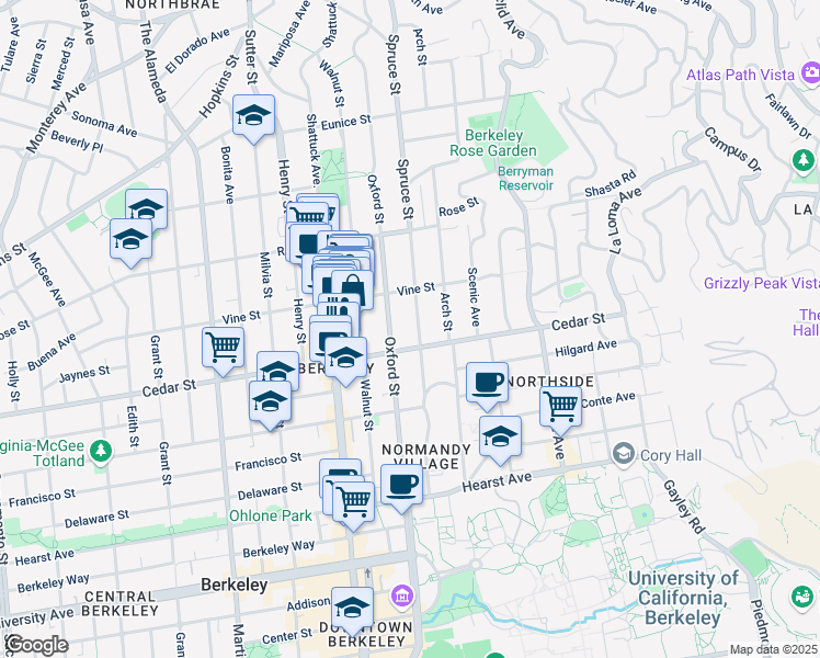 map of restaurants, bars, coffee shops, grocery stores, and more near 1532 Spruce Street in Berkeley