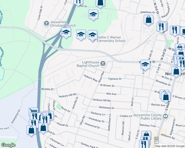 map of restaurants, bars, coffee shops, grocery stores, and more near 132 Courtney Drive in Nicholasville