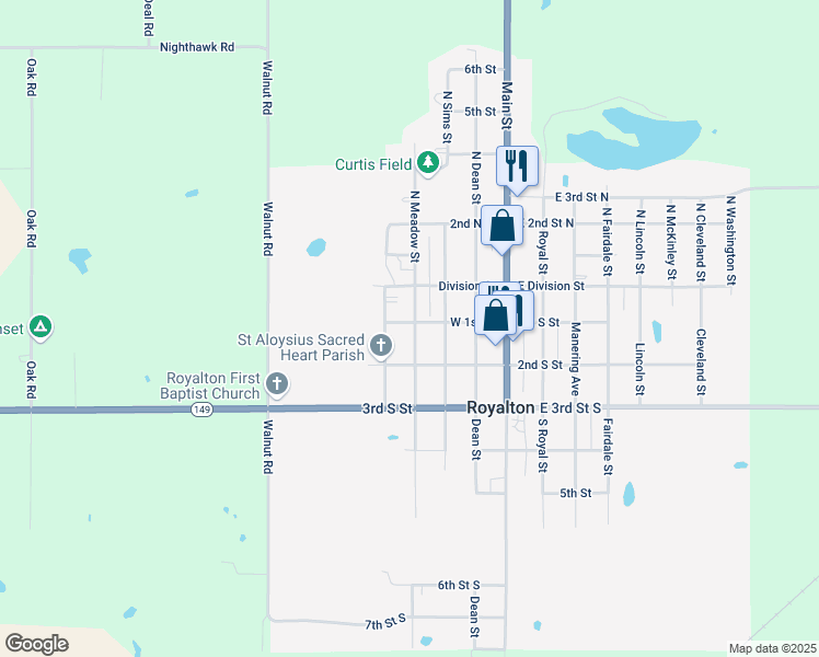 map of restaurants, bars, coffee shops, grocery stores, and more near 200 South Meadow Street in Royalton