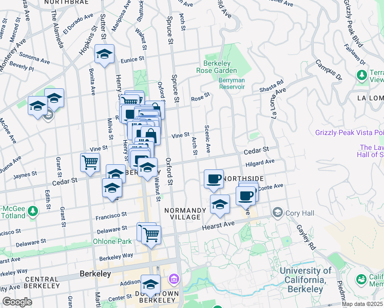map of restaurants, bars, coffee shops, grocery stores, and more near 1532 Arch Street in Berkeley