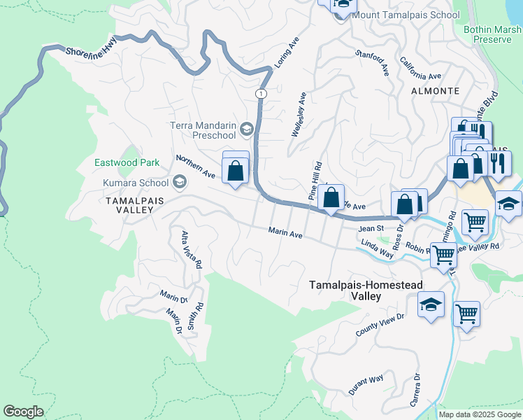 map of restaurants, bars, coffee shops, grocery stores, and more near 409 Maple Street in Mill Valley