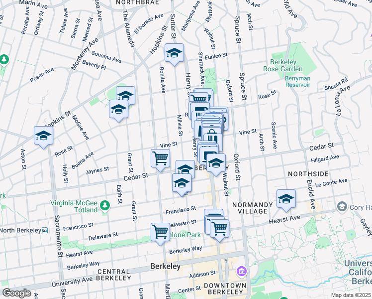 map of restaurants, bars, coffee shops, grocery stores, and more near 1515 Milvia Street in Berkeley