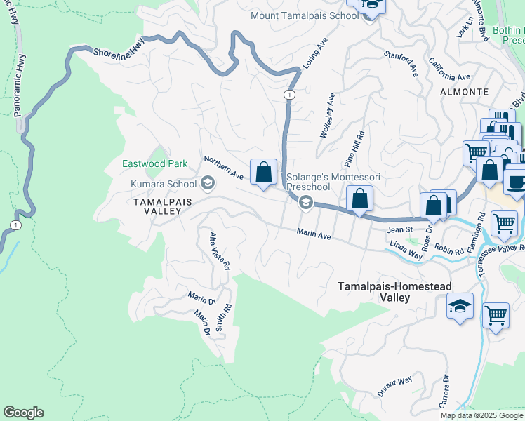 map of restaurants, bars, coffee shops, grocery stores, and more near 456 Marin Avenue in Mill Valley