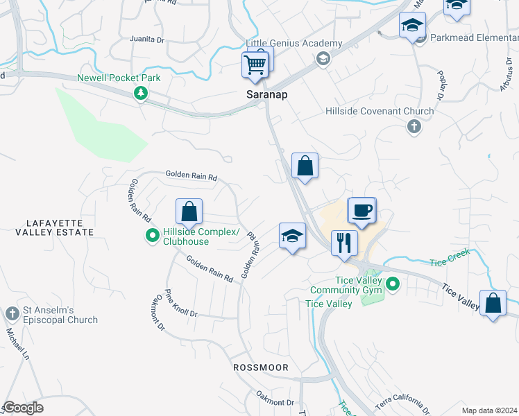map of restaurants, bars, coffee shops, grocery stores, and more near 1001 Golden Rain Road in Walnut Creek