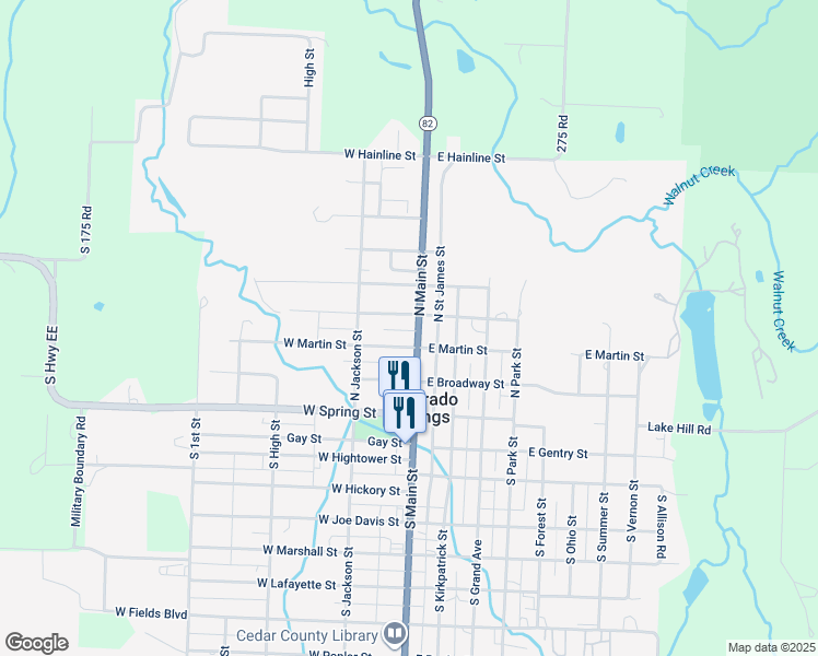 map of restaurants, bars, coffee shops, grocery stores, and more near 306 North Main Street in El Dorado Springs