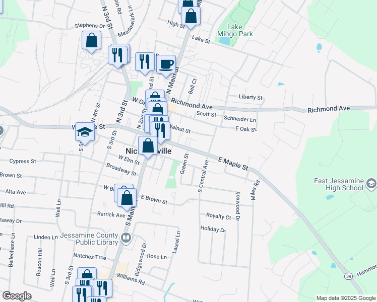 map of restaurants, bars, coffee shops, grocery stores, and more near 304 1/2 East Maple Street in Nicholasville
