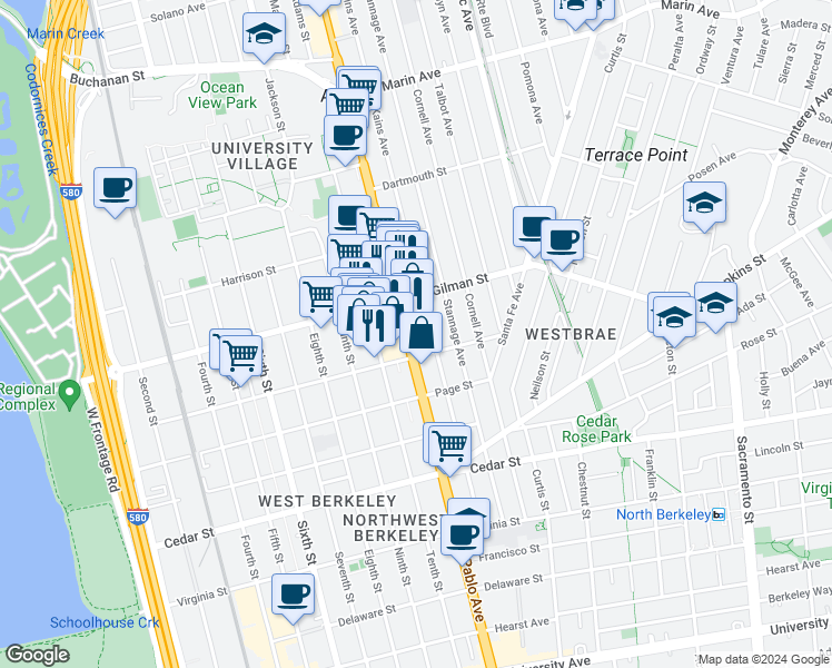 map of restaurants, bars, coffee shops, grocery stores, and more near 1345 San Pablo Avenue in Berkeley