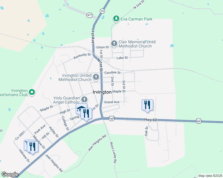 map of restaurants, bars, coffee shops, grocery stores, and more near 109 Maple Street in Irvington