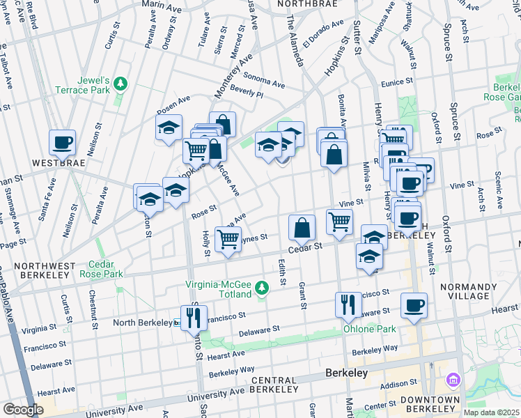 map of restaurants, bars, coffee shops, grocery stores, and more near 1724 Buena Court in Berkeley