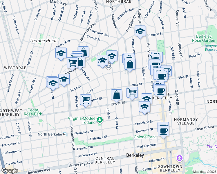 map of restaurants, bars, coffee shops, grocery stores, and more near 1433 Edith Street in Berkeley
