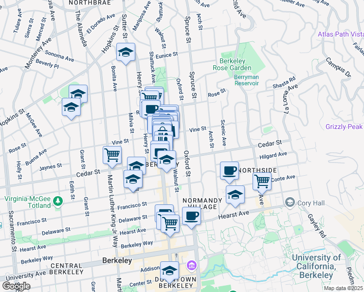 map of restaurants, bars, coffee shops, grocery stores, and more near 1523 Walnut Street in Berkeley