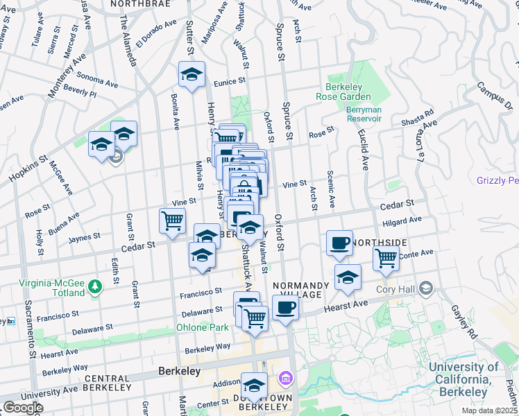 map of restaurants, bars, coffee shops, grocery stores, and more near 1523 Walnut Street in Berkeley
