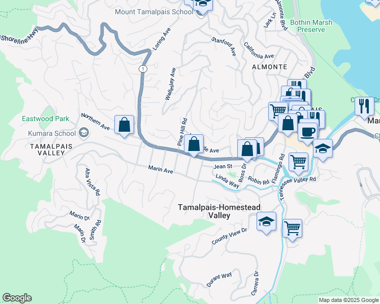 map of restaurants, bars, coffee shops, grocery stores, and more near 309 Sunset Way in Mill Valley