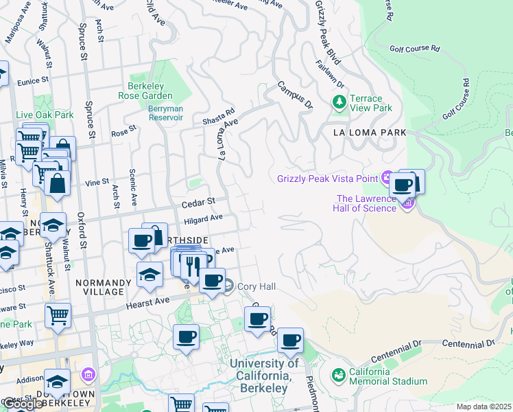 map of restaurants, bars, coffee shops, grocery stores, and more near 2735 Hilgard Avenue in Berkeley