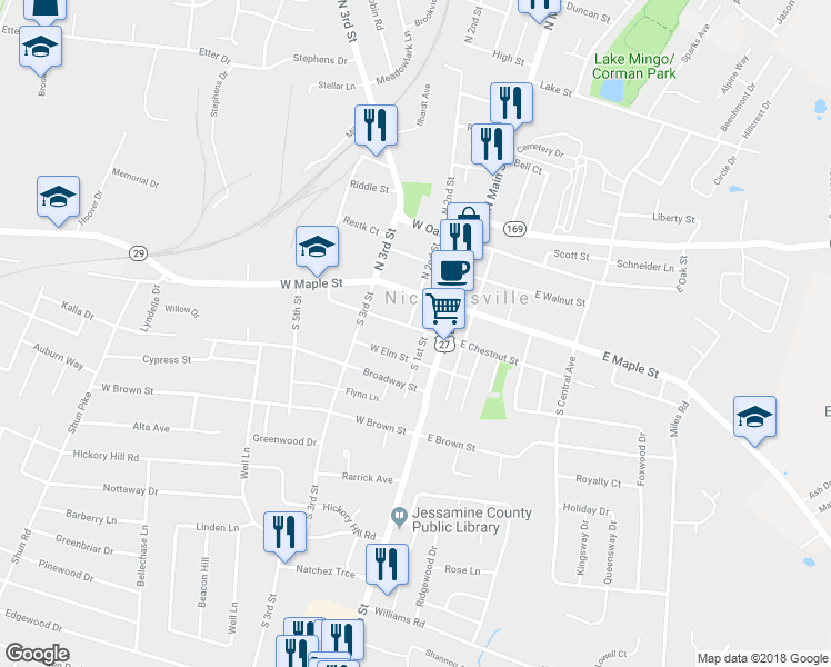 map of restaurants, bars, coffee shops, grocery stores, and more near 201 South 1st Street in Nicholasville