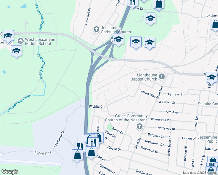 map of restaurants, bars, coffee shops, grocery stores, and more near 102 Wabarto Way in Nicholasville