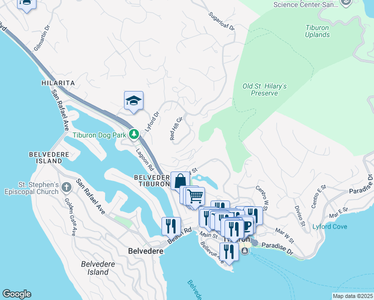 map of restaurants, bars, coffee shops, grocery stores, and more near 25 Corinthian Court in Tiburon