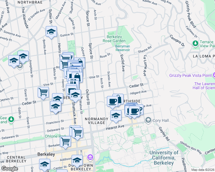 map of restaurants, bars, coffee shops, grocery stores, and more near 1589 Scenic Avenue in Berkeley
