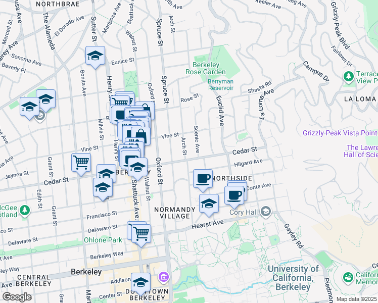 map of restaurants, bars, coffee shops, grocery stores, and more near 1532 Arch Street in Berkeley