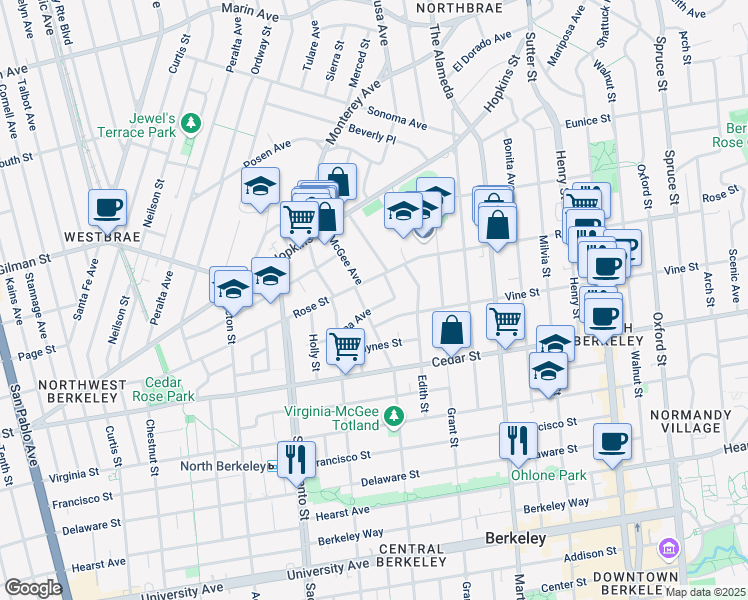 map of restaurants, bars, coffee shops, grocery stores, and more near 1724 Buena Court in Berkeley