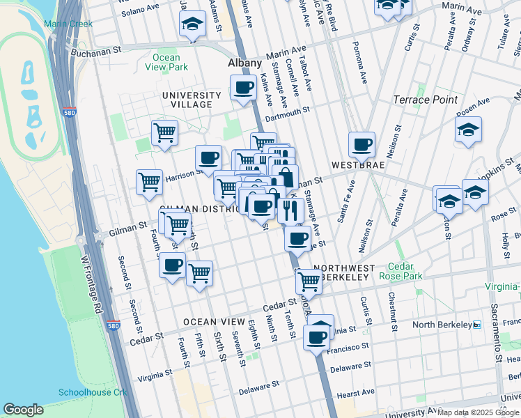 map of restaurants, bars, coffee shops, grocery stores, and more near 1050 Gilman Street in Berkeley