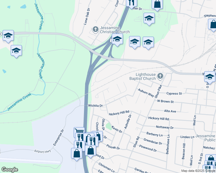 map of restaurants, bars, coffee shops, grocery stores, and more near 102 Wabarto Way in Nicholasville