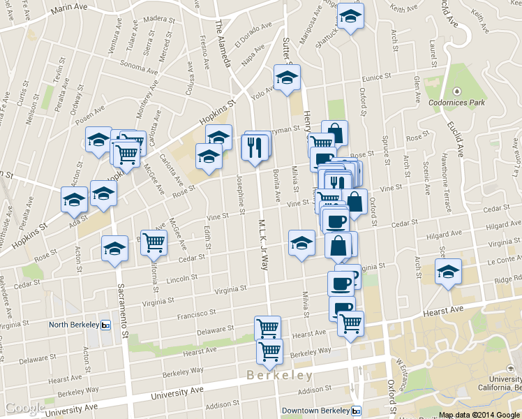 map of restaurants, bars, coffee shops, grocery stores, and more near 1500 Martin Luther King Junior Way in Berkeley