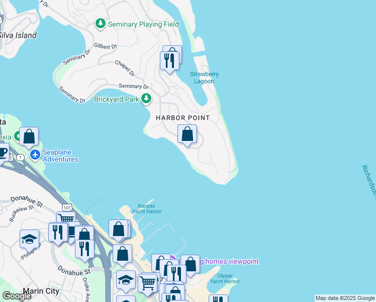 map of restaurants, bars, coffee shops, grocery stores, and more near 88 Great Circle Drive in Mill Valley