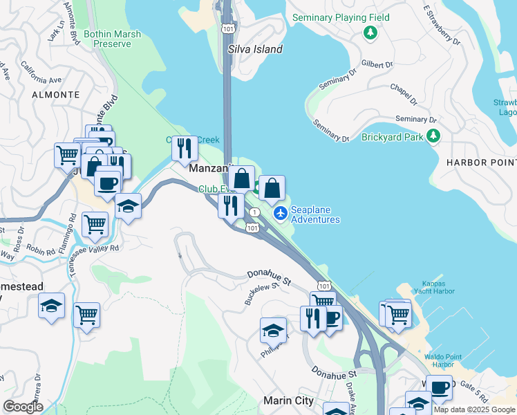 map of restaurants, bars, coffee shops, grocery stores, and more near Pohono Street in Sausalito