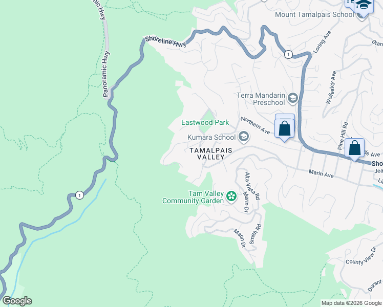 map of restaurants, bars, coffee shops, grocery stores, and more near 615 Springfield Way in Mill Valley