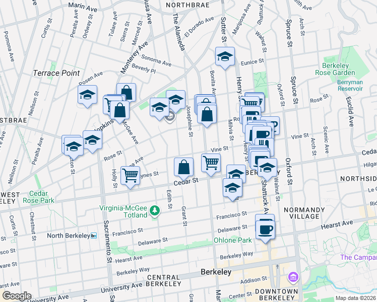 map of restaurants, bars, coffee shops, grocery stores, and more near 1815 Vine Street in Berkeley
