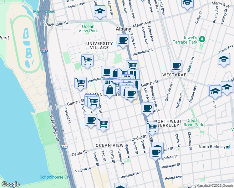 map of restaurants, bars, coffee shops, grocery stores, and more near 1300 Tenth Street in Berkeley
