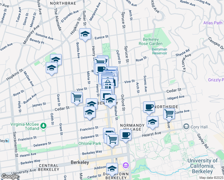 map of restaurants, bars, coffee shops, grocery stores, and more near 1523 Walnut Street in Berkeley