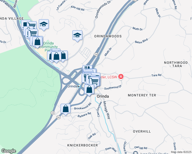 map of restaurants, bars, coffee shops, grocery stores, and more near 6 Northwood Court in Orinda