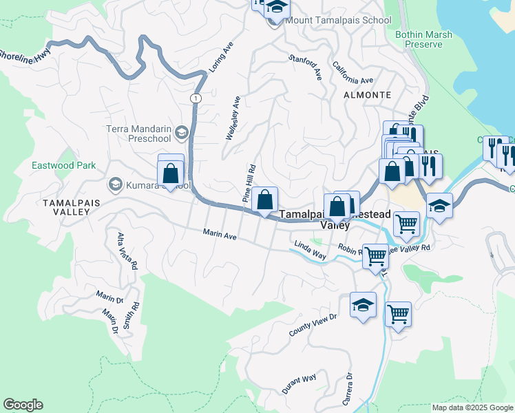 map of restaurants, bars, coffee shops, grocery stores, and more near 382 Sunset Way in Mill Valley