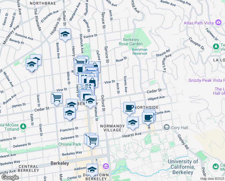 map of restaurants, bars, coffee shops, grocery stores, and more near 1532 Arch Street in Berkeley