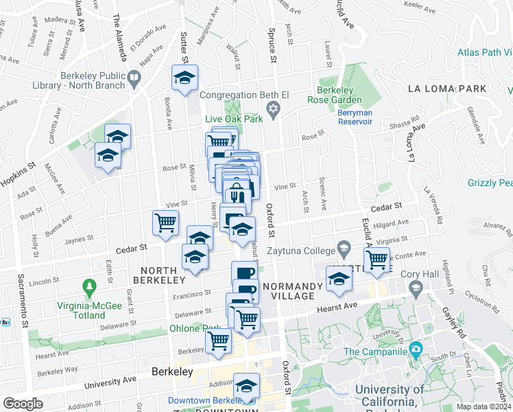 map of restaurants, bars, coffee shops, grocery stores, and more near 1523 Walnut Street in Berkeley