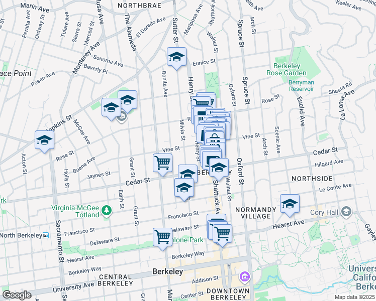 map of restaurants, bars, coffee shops, grocery stores, and more near 1516 Henry Street in Berkeley