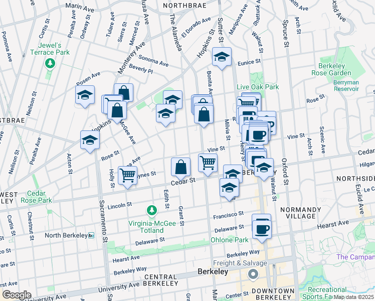 map of restaurants, bars, coffee shops, grocery stores, and more near in Berkeley