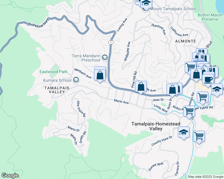 map of restaurants, bars, coffee shops, grocery stores, and more near 409 Maple Street in Mill Valley