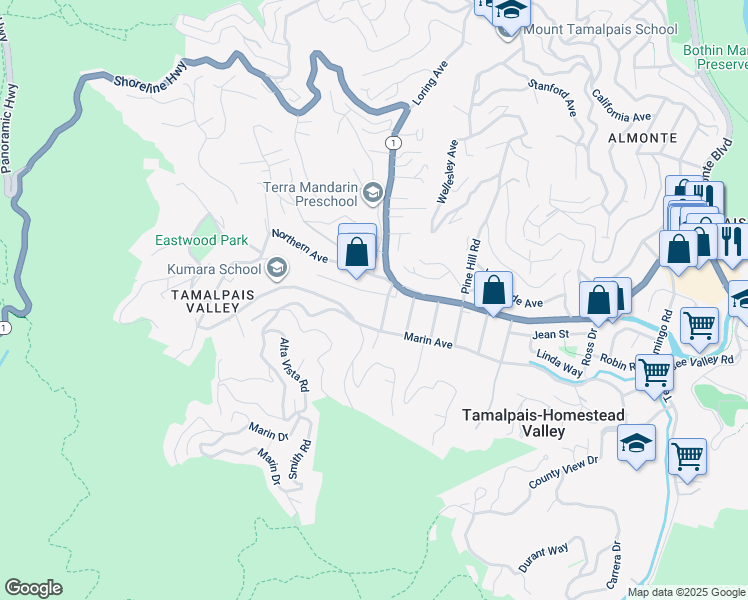 map of restaurants, bars, coffee shops, grocery stores, and more near 456 Marin Avenue in Mill Valley