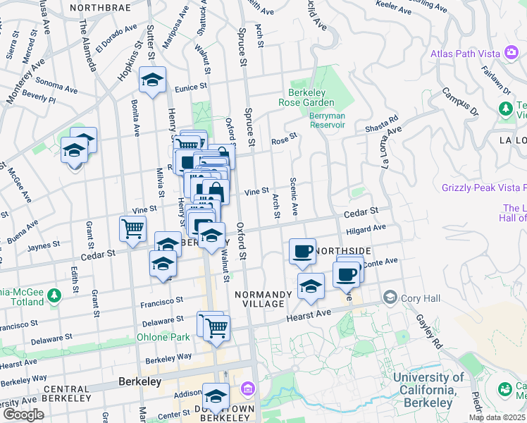 map of restaurants, bars, coffee shops, grocery stores, and more near 1525 Spruce Street in Berkeley