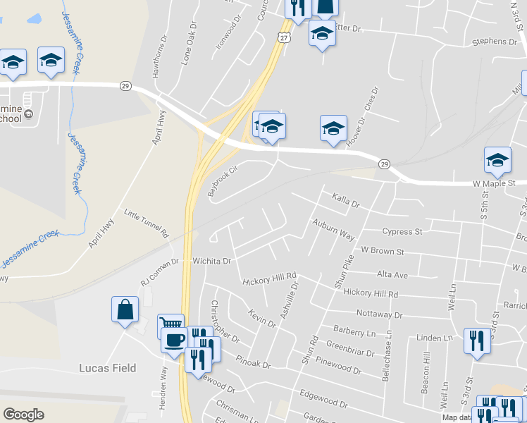 map of restaurants, bars, coffee shops, grocery stores, and more near 124 Henry Court in Nicholasville