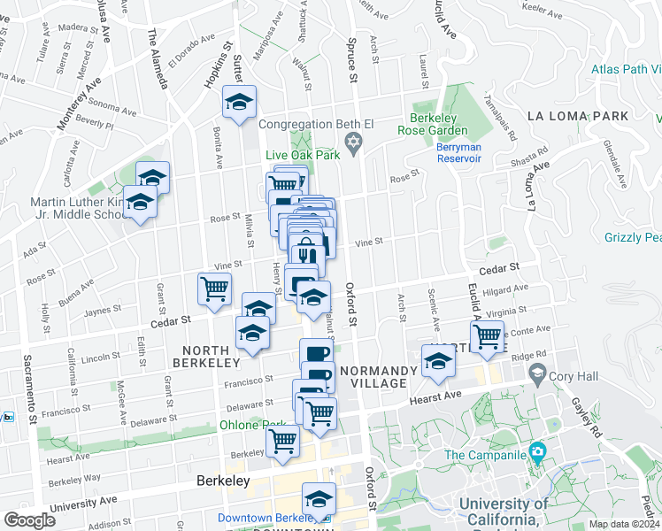 map of restaurants, bars, coffee shops, grocery stores, and more near 1519 Walnut Street in Berkeley