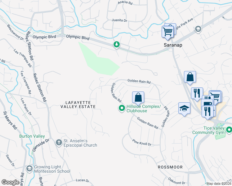 map of restaurants, bars, coffee shops, grocery stores, and more near 3049 Golden Rain Road in Walnut Creek