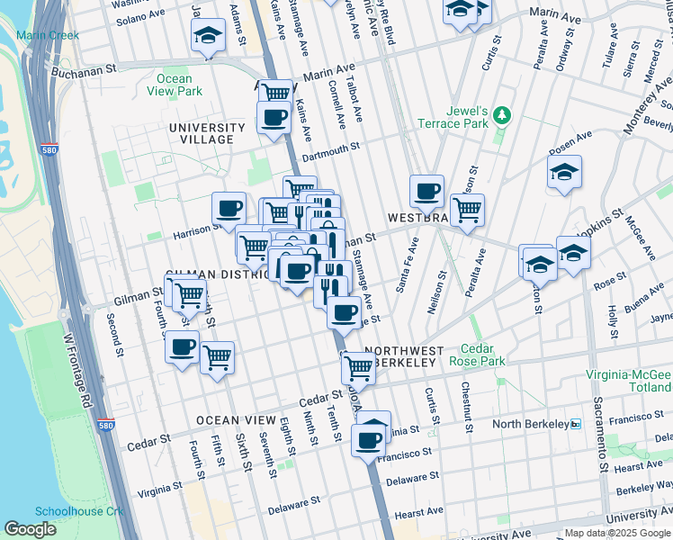 map of restaurants, bars, coffee shops, grocery stores, and more near 1345 San Pablo Avenue in Berkeley