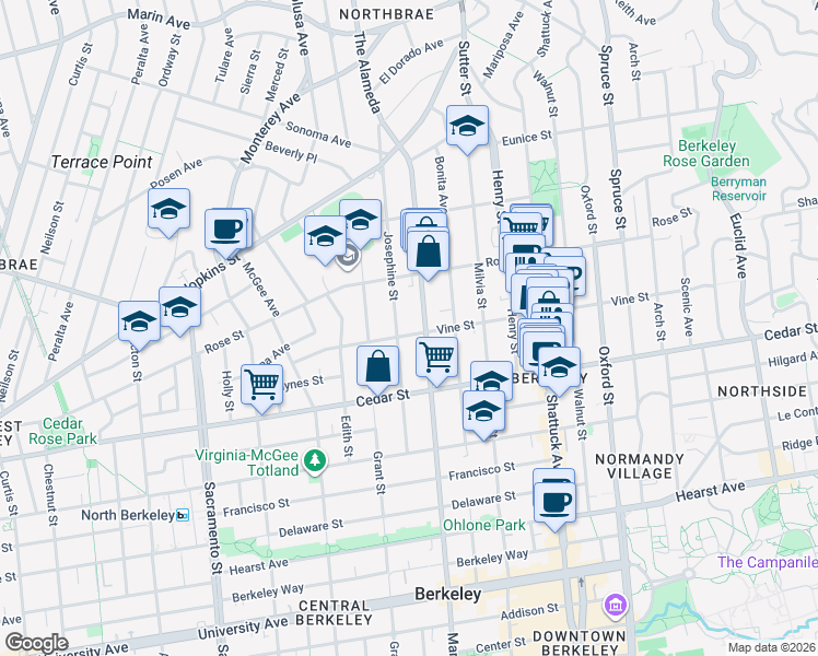 map of restaurants, bars, coffee shops, grocery stores, and more near 1825 Vine Street in Berkeley