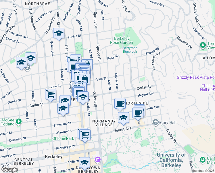 map of restaurants, bars, coffee shops, grocery stores, and more near 1532 Arch Street in Berkeley