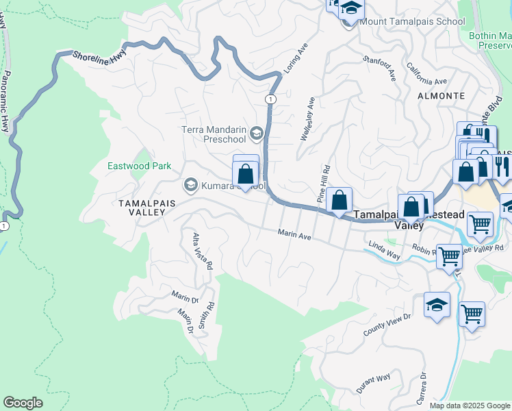 map of restaurants, bars, coffee shops, grocery stores, and more near 456 Marin Avenue in Mill Valley